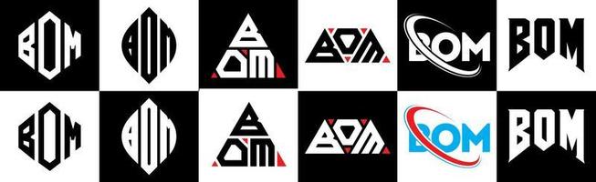 BOM letter logo design in six style. BOM polygon, circle, triangle, hexagon, flat and simple style with black and white color variation letter logo set in one artboard. BOM minimalist and classic logo vector