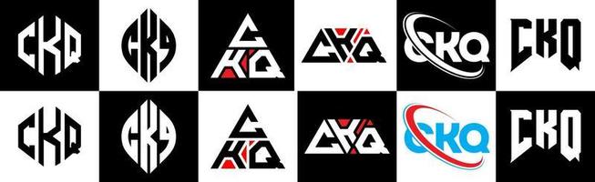 CKQ letter logo design in six style. CKQ polygon, circle, triangle, hexagon, flat and simple style with black and white color variation letter logo set in one artboard. CKQ minimalist and classic logo vector