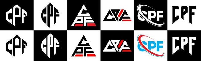 CPF letter logo design in six style. CPF polygon, circle, triangle, hexagon, flat and simple style with black and white color variation letter logo set in one artboard. CPF minimalist and classic logo vector