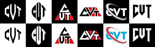 diseño de logotipo de letra cvt en seis estilos. polígono cvt, círculo, triángulo, hexágono, estilo plano y simple con logotipo de letra de variación de color blanco y negro en una mesa de trabajo. logotipo cvt minimalista y clásico vector