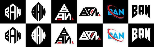 BAN letter logo design in six style. BAN polygon, circle, triangle, hexagon, flat and simple style with black and white color variation letter logo set in one artboard. BAN minimalist and classic logo vector