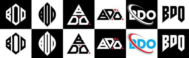 BDO letter logo design in six style. BDO polygon, circle, triangle, hexagon, flat and simple style with black and white color variation letter logo set in one artboard. BDO minimalist and classic logo vector