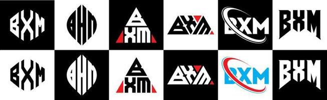 BXM letter logo design in six style. BXM polygon, circle, triangle, hexagon, flat and simple style with black and white color variation letter logo set in one artboard. BXM minimalist and classic logo vector