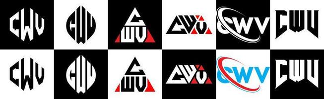 CWV letter logo design in six style. CWV polygon, circle, triangle, hexagon, flat and simple style with black and white color variation letter logo set in one artboard. CWV minimalist and classic logo vector