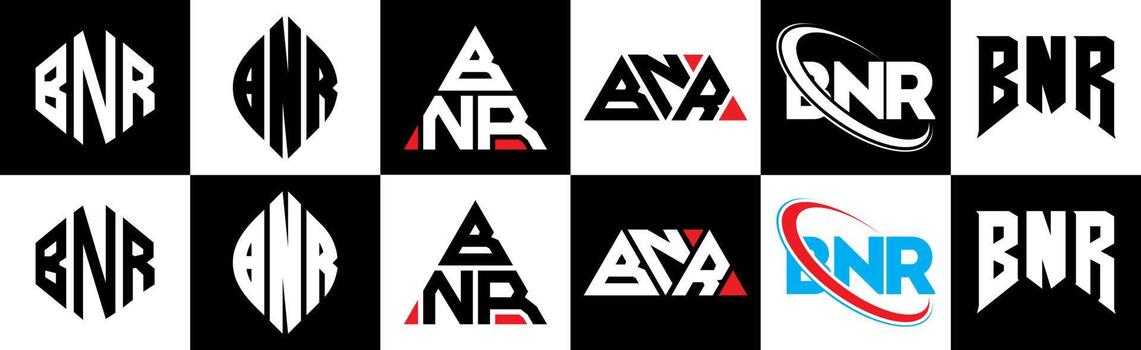 BNR letter logo design in six style. BNR polygon, circle, triangle, hexagon, flat and simple style with black and white color variation letter logo set in one artboard. BNR minimalist and classic logo vector