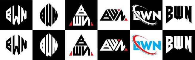 BWN letter logo design in six style. BWN polygon, circle, triangle, hexagon, flat and simple style with black and white color variation letter logo set in one artboard. BWN minimalist and classic logo vector