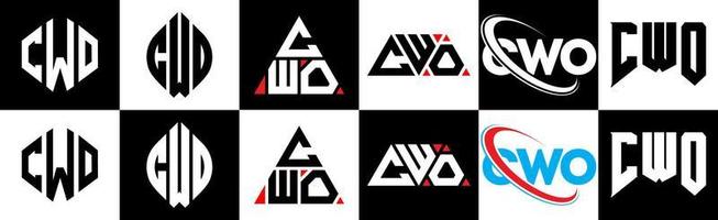 CWO letter logo design in six style. CWO polygon, circle, triangle, hexagon, flat and simple style with black and white color variation letter logo set in one artboard. CWO minimalist and classic logo vector