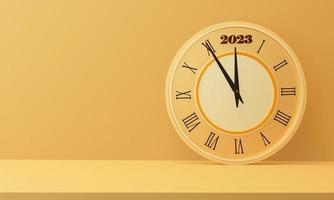 Reloj de tiempo 3d con el número de año 2023 y calendario sobre fondo amarillo con espacio de copia. reloj clásico, feliz año nuevo o concepto de negocio 2023. ilustración de renderizado 3d. foto