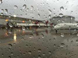 Rain on airplane window photo