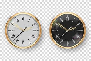 vector 3d realista clásico metal dorado pared oficina reloj icono conjunto primer plano. Esfera blanca y negra con números romanos. plantilla de diseño para maqueta. vista frontal.