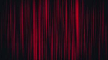 Red curtain stage scenic backdrop for dance or theater events. Closed curtain with folds and movement of the fabric with reflection background. Luxury silk or velvet window curtain. 3d animation video