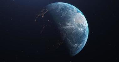 The Earth seen from space, the 3d globe rotating slowly 360 degrees on the dark background.  Loopable. Exploration space travel concept. 4k video