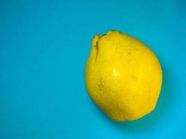 Juicy quince. Fruit on a blue background. Ripe useful product. photo