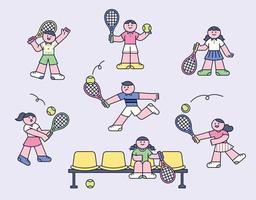 Cute characters in tennis uniforms are playing tennis. flat vector illustration.