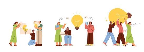 People are working together to put together a puzzle or gather ideas and move a giant light bulb cooperatively. vector