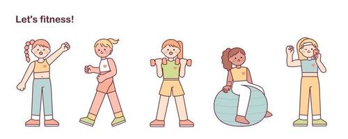 A collection of female characters exercising. flat vector illustration.