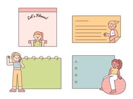 Girls characters exercising with notes for exercise record. flat vector illustration.