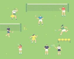 Many people are playing tennis on the wide green lawn. There is a tennis net and benches. vector