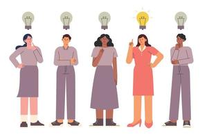 people stand side by side They have their own light bulbs above their heads. vector