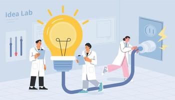 Researchers in the lab analyze and light a giant light bulb. flat vector illustration.