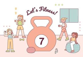 Girls working out with huge kettlebells. flat vector illustration.