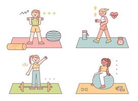 Cute little girls are exercising with various exercise equipment. flat vector illustration.