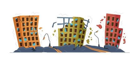 Vector illustration of the city earthquake. Destroyed city buildings, roads, streetlights.