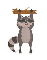 A funny raccoon with a striped tail hanging from a tree. vector