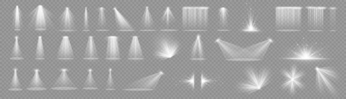 Vector spotlight. White color light effect. Glowing isolated golden sparkling light effect. Spark spotlight special effect design. Ray vector element.