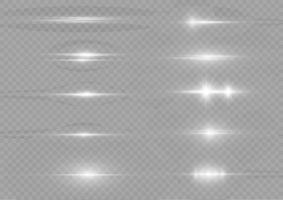 White horizontal lens flares pack. Laser beams, horizontal light rays. Beautiful light flares. Flash light with fairy dust sparks and golden stars shine. Dusty shine light. vector