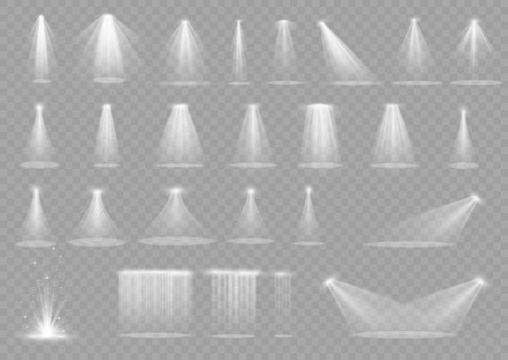 Vector spotlight. White color light effect. Glowing isolated golden sparkling light effect. Spark spotlight special effect design. Ray vector element.