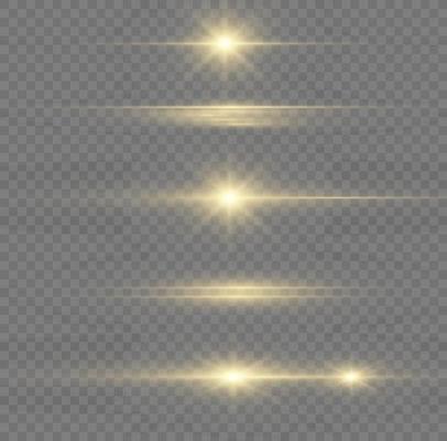 Yellow horizontal lens flares pack. Laser beams, horizontal light rays. Beautiful light flares. Flash light with fairy dust sparks and golden stars shine. Dusty shine light.