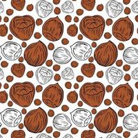 Seamless vector pattern with linear outline hazelnut. Sketches of nuts in vintage style