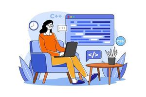 Woman programming on a laptop vector