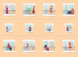 Neighbours In Their Windows Flat Background vector