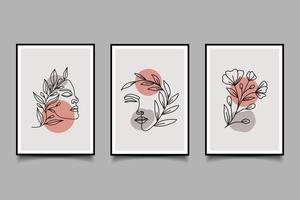 hand drawn boho minimal woman portraits with leaves line art poster design vector