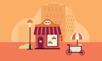 Store for cosmetics in the city in orange and red. vector