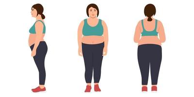 mujer joven con sobrepeso en ropa deportiva. obesidad mujer. el personaje femenino joven posa la colección de vistas frontales y traseras vector