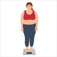 pérdida de peso.una mujer triste y con sobrepeso está parada en la balanza. el concepto de malos hábitos alimenticios, glotonería, obesidad y alimentación poco saludable. ilustración vectorial vector