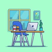 Workspace Laptop With Burger And Plant Cartoon Vector Icon Illustration. Workspace Technology Icon Concept Isolated Premium Vector. Flat Cartoon Style