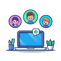 Meeting Online People With Laptop Cartoon Vector Icon Illustration. People Technology Icon Concept Isolated Premium Vector. Flat Cartoon Style