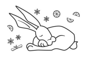 Outline sketch vector illustration rabbit, isolated on a white background. Bunny sitting in front. Black and white minimal Lin art drawing hare. Symbol of the year 2023, Easter rabbit.