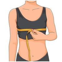 mujer con senos pequeños se preocupa por su tamaño y mide su pecho con cinta métrica vector