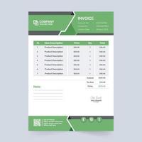 Print ready invoice template vector with green and blue colors. Creative billing paper and cash receipt design for modern business. Product purchase receipt with price and info sections.