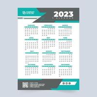 Company annual calendar for 2023 new year. Office organizer and wall calendar design with blue and green colors. 2023 Calendar vector illustration with abstract shapes. The week starts on Sunday.