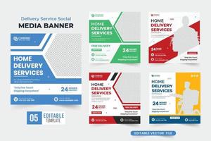 Creative delivery service promotional web banner collection vector with abstract shapes. Modern home delivery service template bundle for social media posts. Delivery business advertising template set