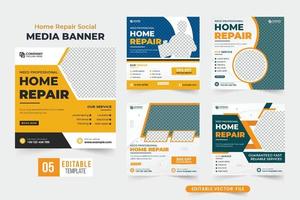 moderno servicio de reparación de viviendas paquete de publicaciones en redes sociales con colores amarillos y oscuros. conjunto de plantillas de negocios de renovación del hogar para marketing en línea. vector de colección de banner web de servicio de construcción de casas.