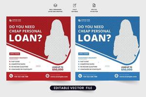 diseño de carteles de promoción de préstamos personales baratos con colores rojo y azul. vector de plantilla de préstamo comercial moderno para marketing en redes sociales. plantilla de banner web de publicidad de servicio bancario.