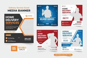 Express home delivery service social media post bundle with blue and red colors. Home delivery service web banner collection for business promotion. Set of supermarket free delivery offer template. vector