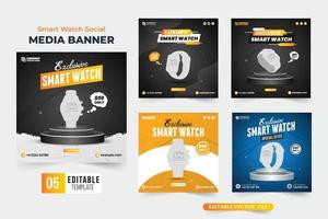 Wrist Watch sale web banner template set design with dark and yellow color backgrounds. Smartwatch sale social media post bundle vectors with abstract shapes. Clock advertisement template collection.